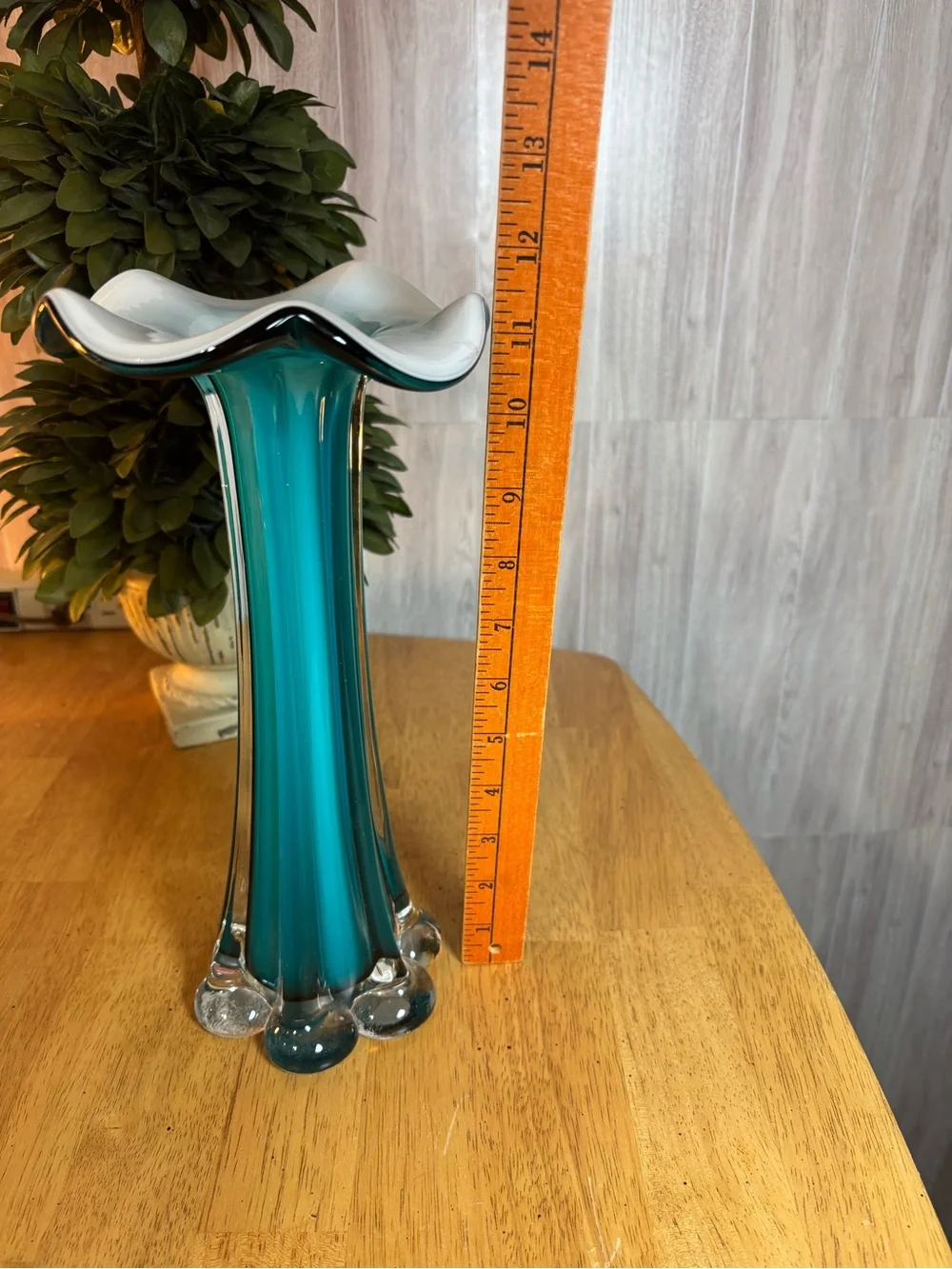 Vintage Mid-Century Murano Style Teal Fluted Glass Vase Elegant Home Decor